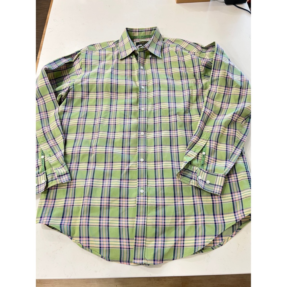 Bobby Jones Collection Mens Large Green Plaid Button Down Shirt Woven in Italy